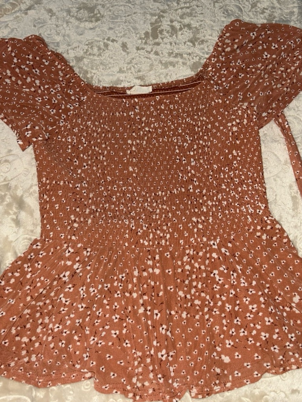 Smocked Rust Floral Midi Dress with Puff Sleeves